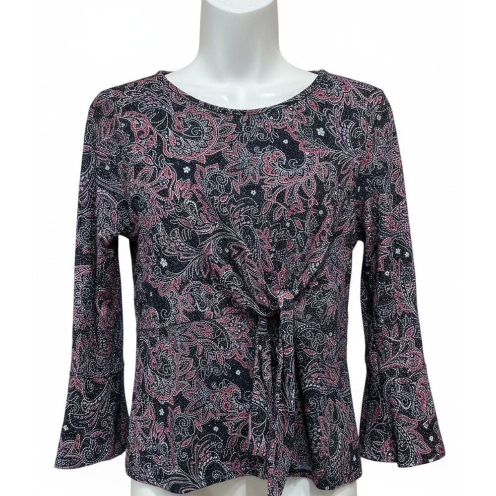 NY Collection Blouse PM Black Red Metallic Paisley Boho Retro Glam Whimsigoth